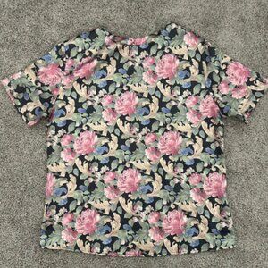 Vintage Vivoli Women's 90s Satin Floral Short Sleeve Top Size Large
